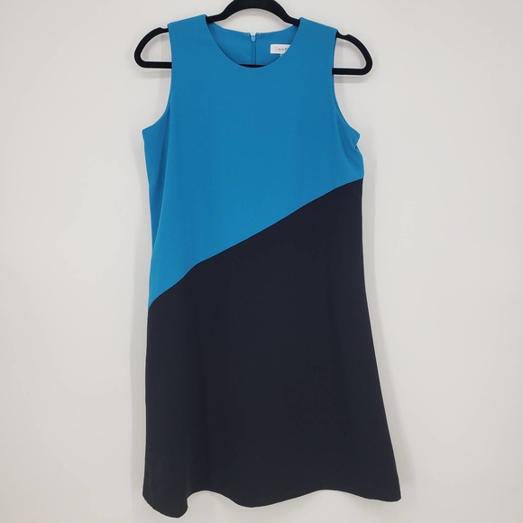 Calvin Klein Dresses & Skirts - Calvin Klein Color Block Shift Dress 4 Blue Black Stretch Crepe Sleeveless Work